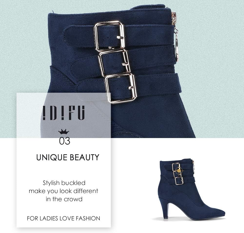 Women'S Pointed Toe Metal Buckle Two Strap Ankle Booties Side Zipper Kitten Heel Dress Classic Short Boots