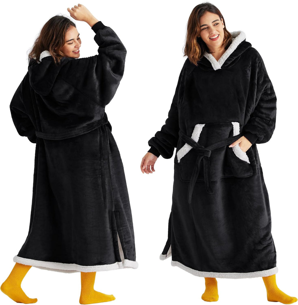 Bedsure Wearable Blanket Hoodie, Long Hooded Blanket Sweatshirt as Birthday Gifts for Women, Cozy Sherpa Hoodie for Adult, Standard, Black