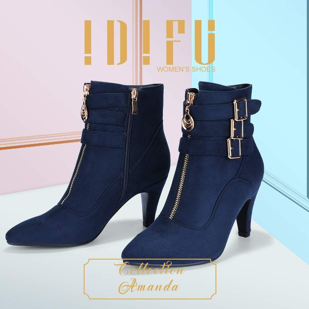 Women'S Pointed Toe Metal Buckle Two Strap Ankle Booties Side Zipper Kitten Heel Dress Classic Short Boots