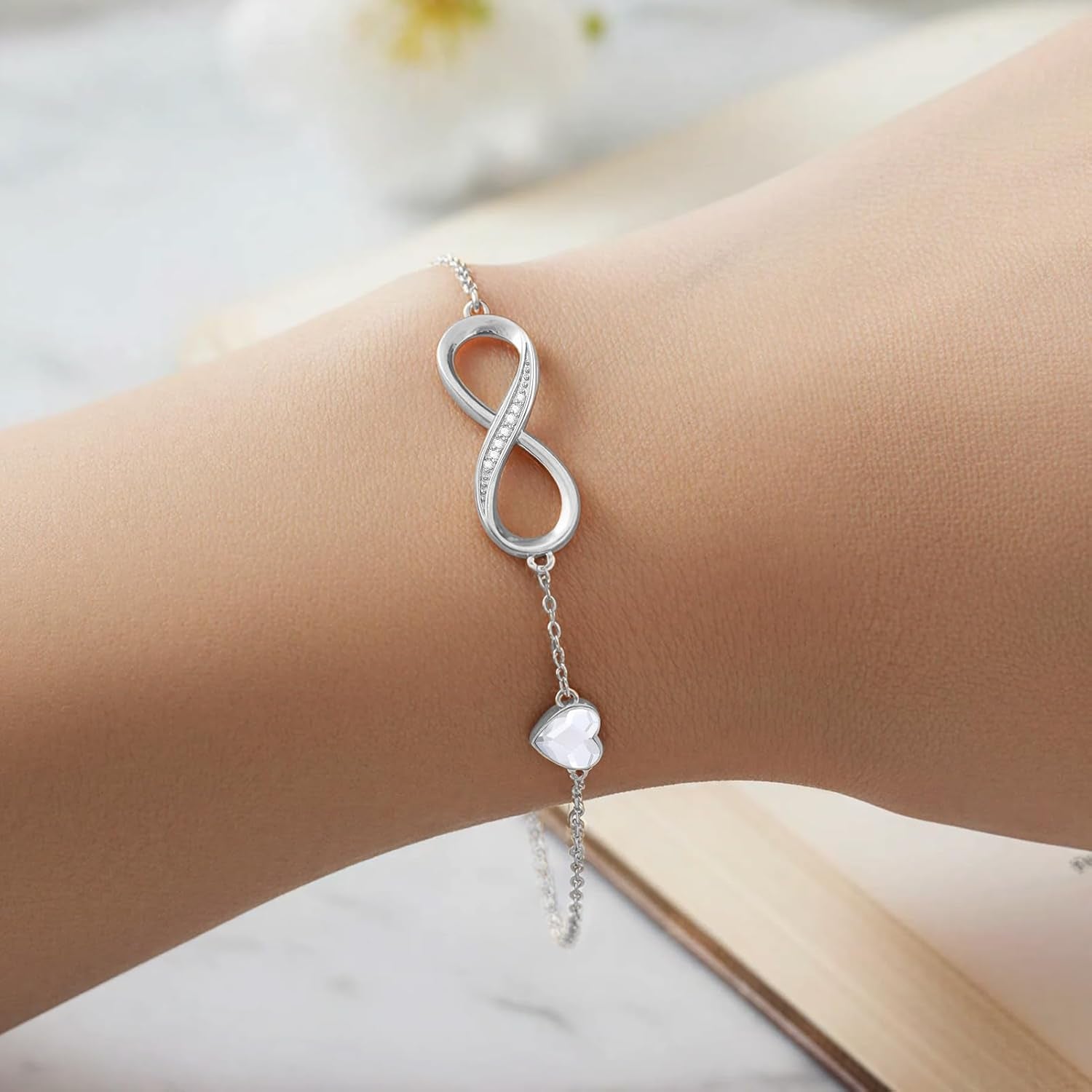 Infinity Heart Birthstone Charm Link Bracelet for Women 925 Sterling Silver Adjustable Mother'S Day Valentine'S Day Christmas Day Gift Anniversary Birthday Jewelry for Wife Girlfriend Her