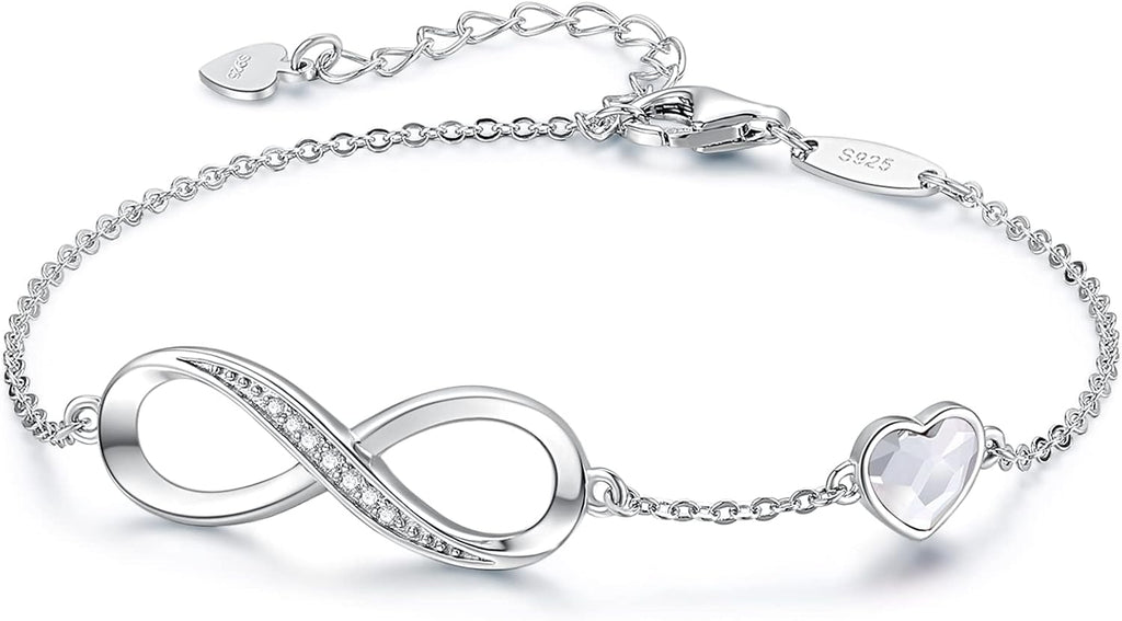 Infinity Heart Birthstone Charm Link Bracelet for Women 925 Sterling Silver Adjustable Mother'S Day Valentine'S Day Christmas Day Gift Anniversary Birthday Jewelry for Wife Girlfriend Her