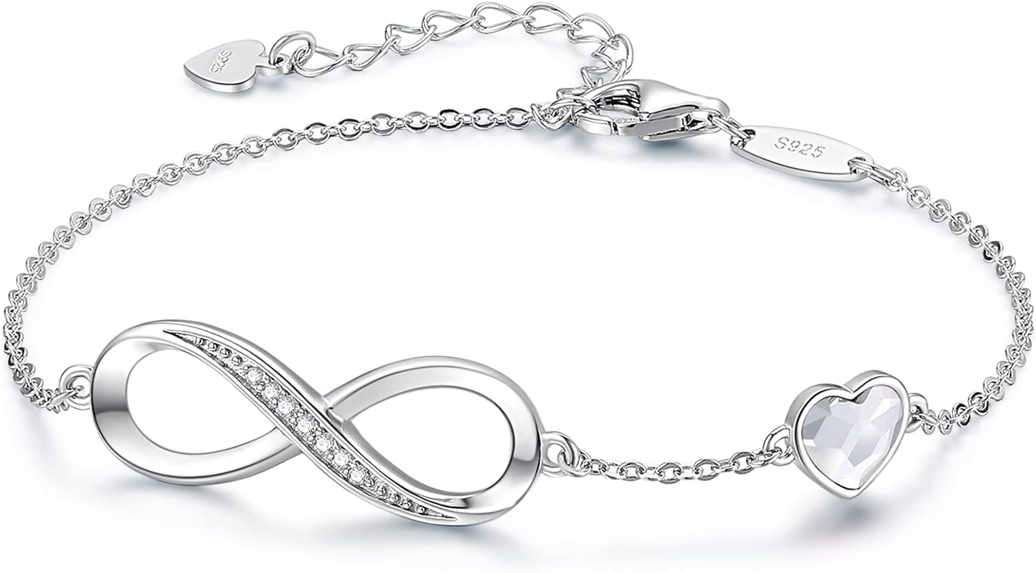 Infinity Heart Birthstone Charm Link Bracelet for Women 925 Sterling Silver Adjustable Mother'S Day Valentine'S Day Christmas Day Gift Anniversary Birthday Jewelry for Wife Girlfriend Her