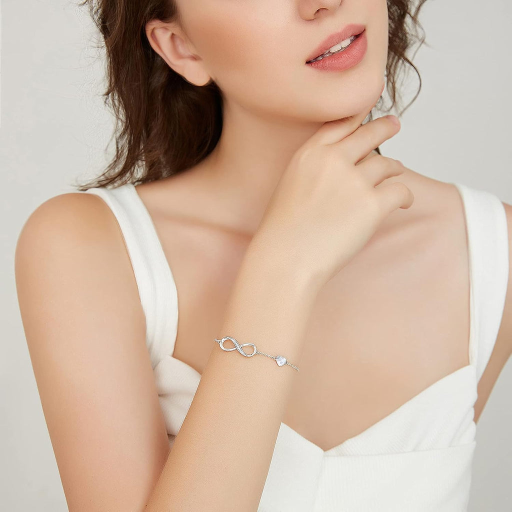 Infinity Heart Birthstone Charm Link Bracelet for Women 925 Sterling Silver Adjustable Mother'S Day Valentine'S Day Christmas Day Gift Anniversary Birthday Jewelry for Wife Girlfriend Her